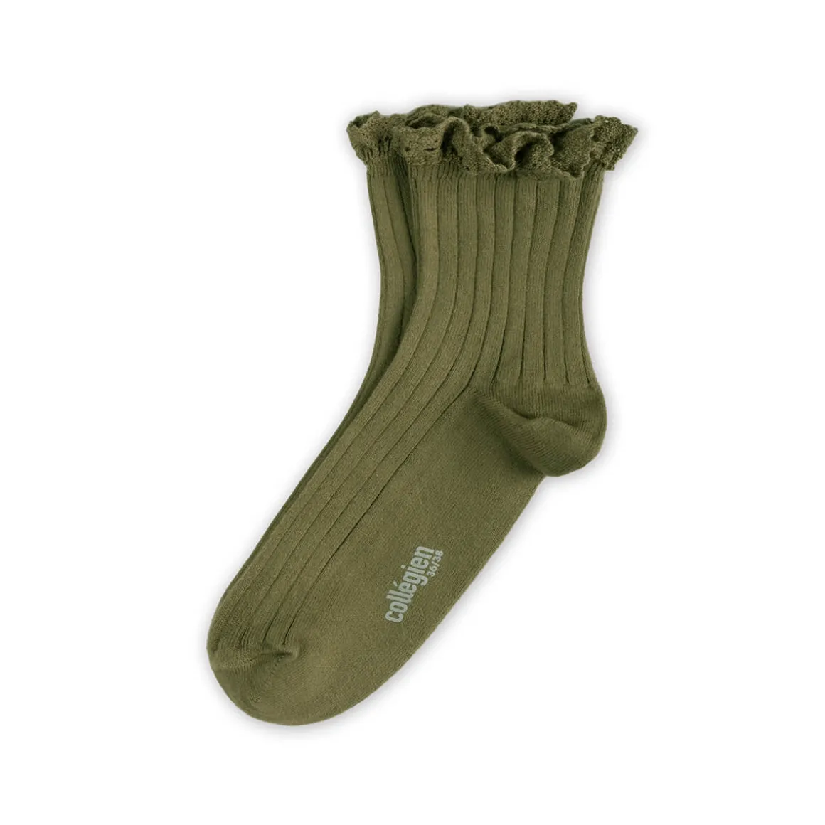 Lili Lace Trim Ribbed Ankle Socks in Olive Du Luberon by Collegien