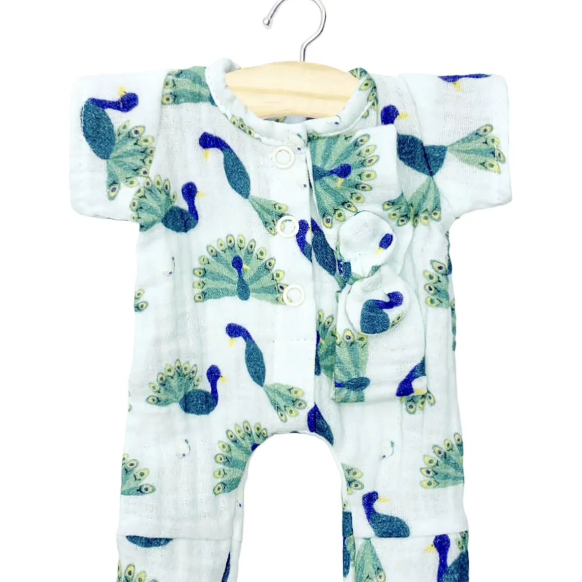 Lili Romper and Headband Set (28cm Doll) in Baby Peacock Print by Minikane
