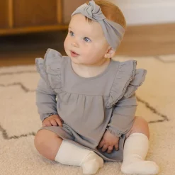Long Sleeve Flutter Dress in Dusty Blue by Quincy Mae