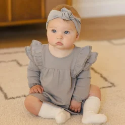 Long Sleeve Flutter Dress in Dusty Blue by Quincy Mae