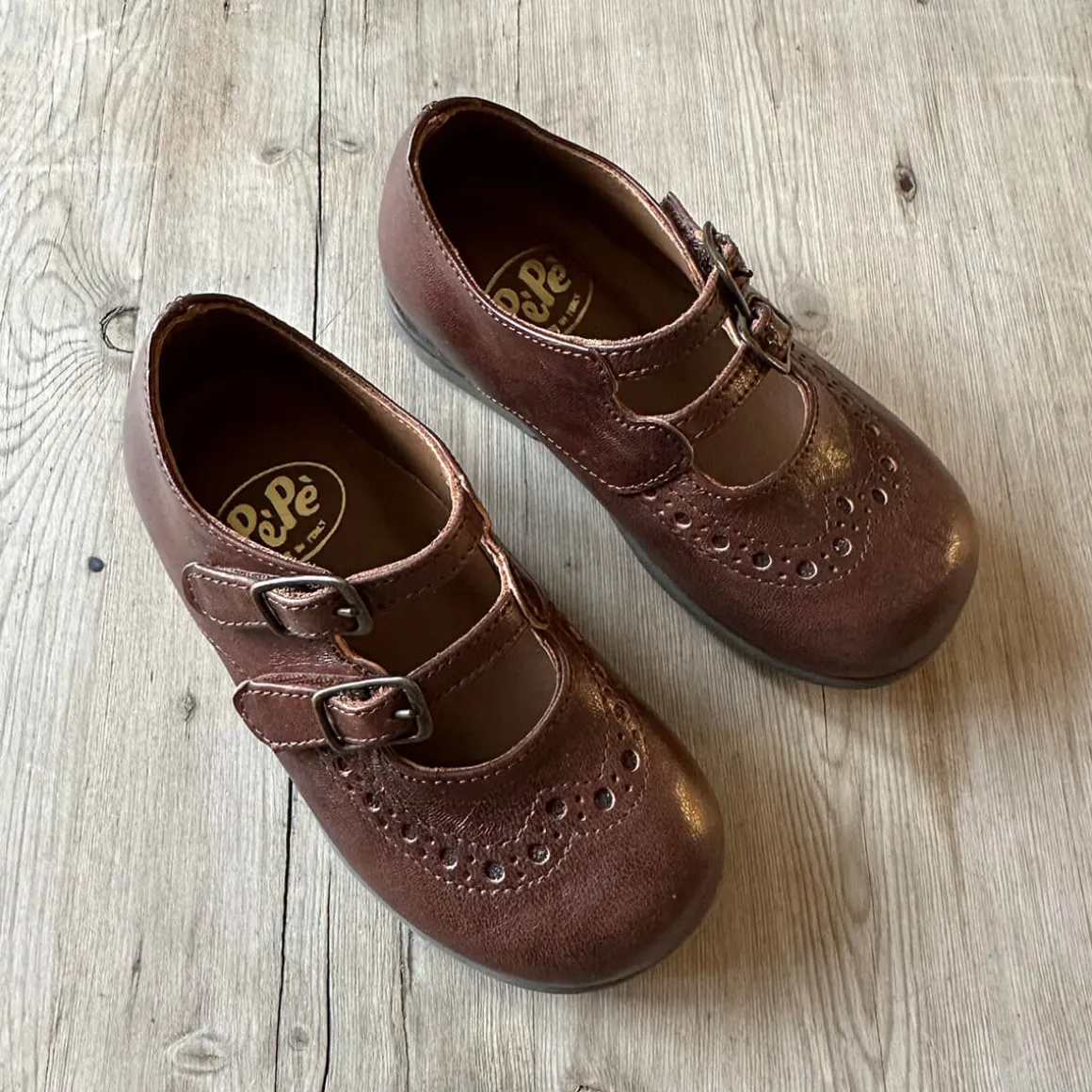 Marie Double Velcro Strap Ballerinas in Moro Brown by PèPè