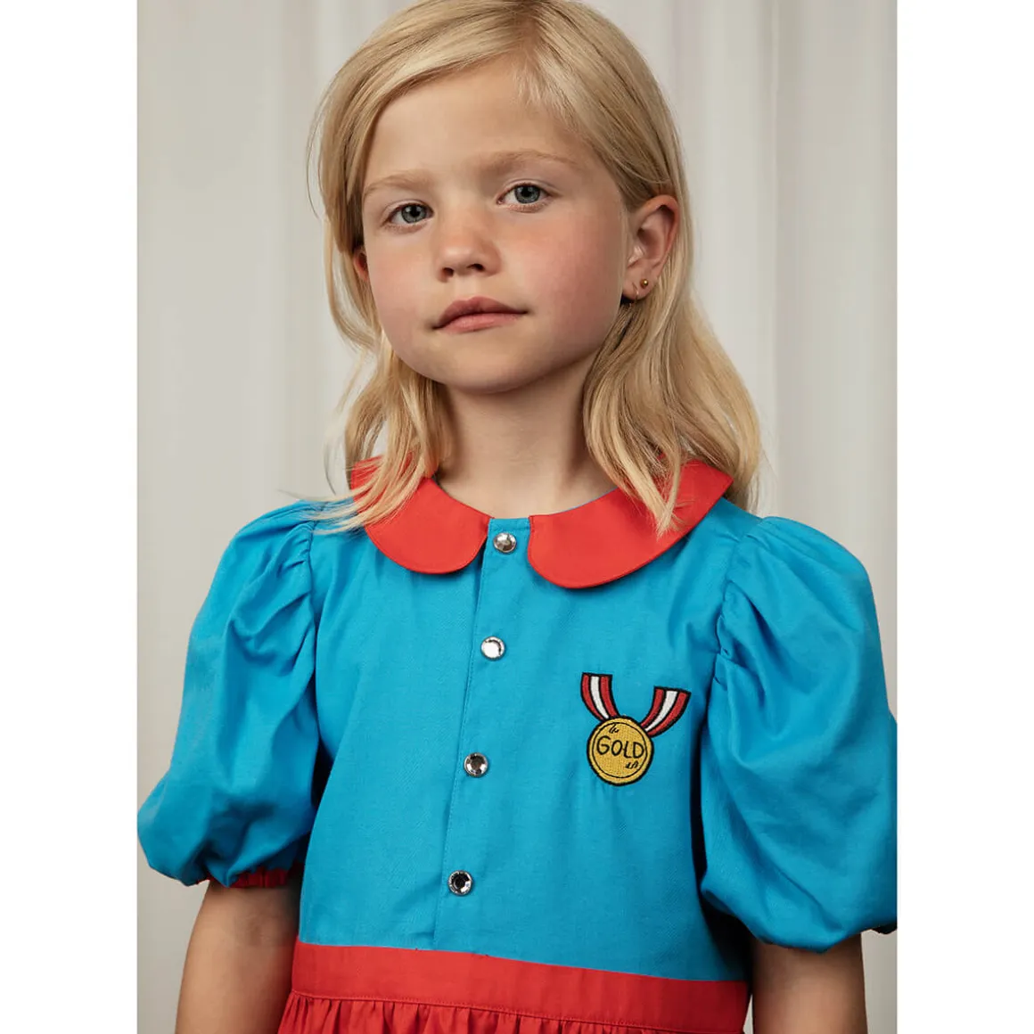 Medal Embroidered Woven Dress in Red / Blue by Mini Rodini - Last One In Stock - 104/110 (3-5 Years)