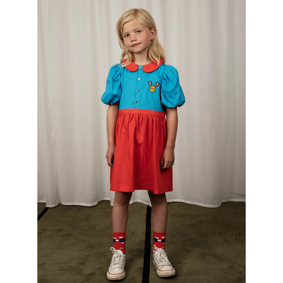 Medal Embroidered Woven Dress in Red / Blue by Mini Rodini - Last One In Stock - 104/110 (3-5 Years)