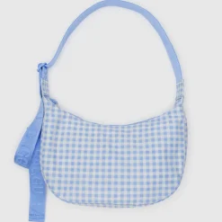 Medium Nylon Crescent Bag in Light Blue Gingham by Baggu