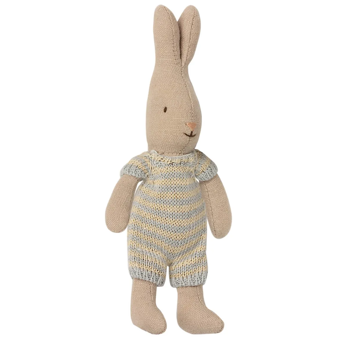 Micro Rabbit in a Sky Blue / Sand Knitted Striped Suit by Maileg