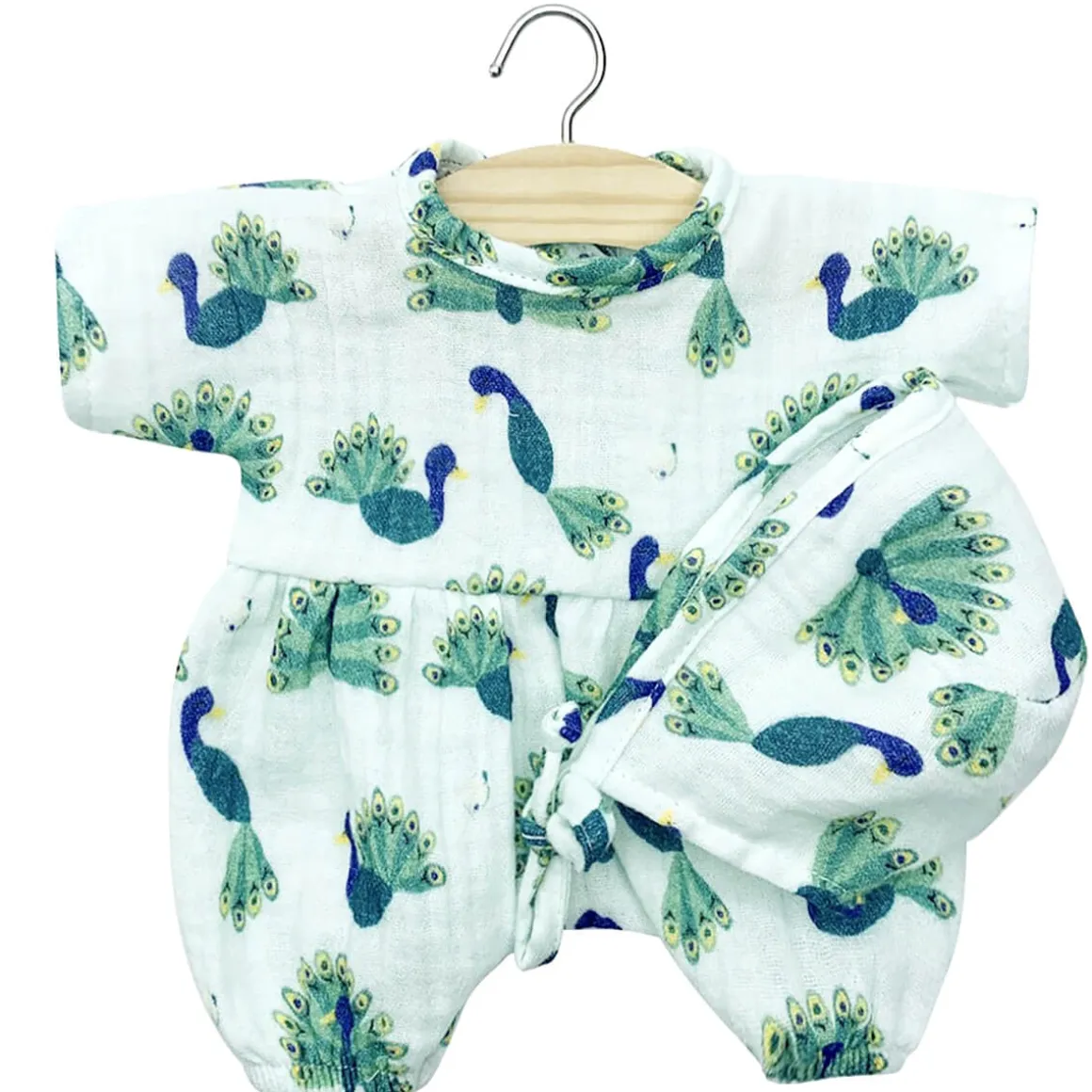 Noa Romper and Bonnet Set (28cm Doll) in Baby Peacock Print by Minikane