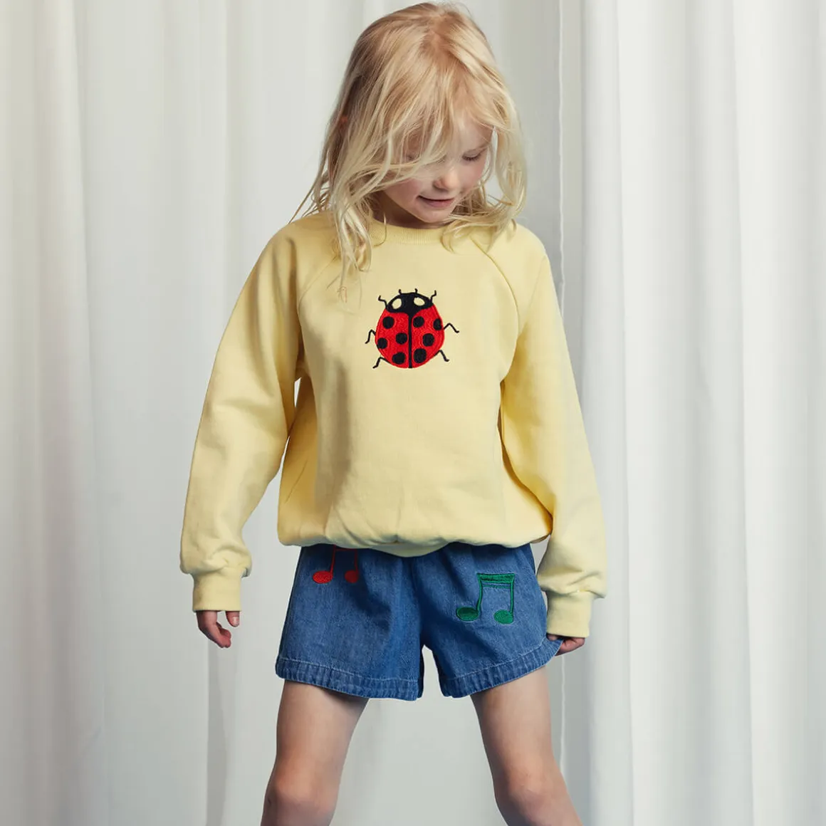 Note Embroidered Lightweight Denim Shorts by Mini Rodini