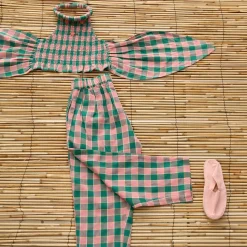 Pants in Pink & Green Honeycomb Check by Bonjour