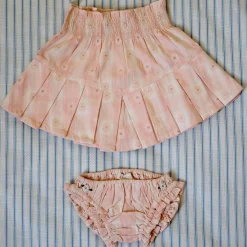 Pleated Skirt and Panty Set in Pink Jacquard Flower Check by Bonjour