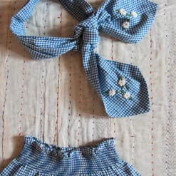 Pleated Skirt With Tie Scarf in Blue Vichy Check by Bonjour