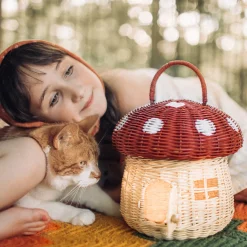 Rattan Mushroom Basket in Red by Olli Ella