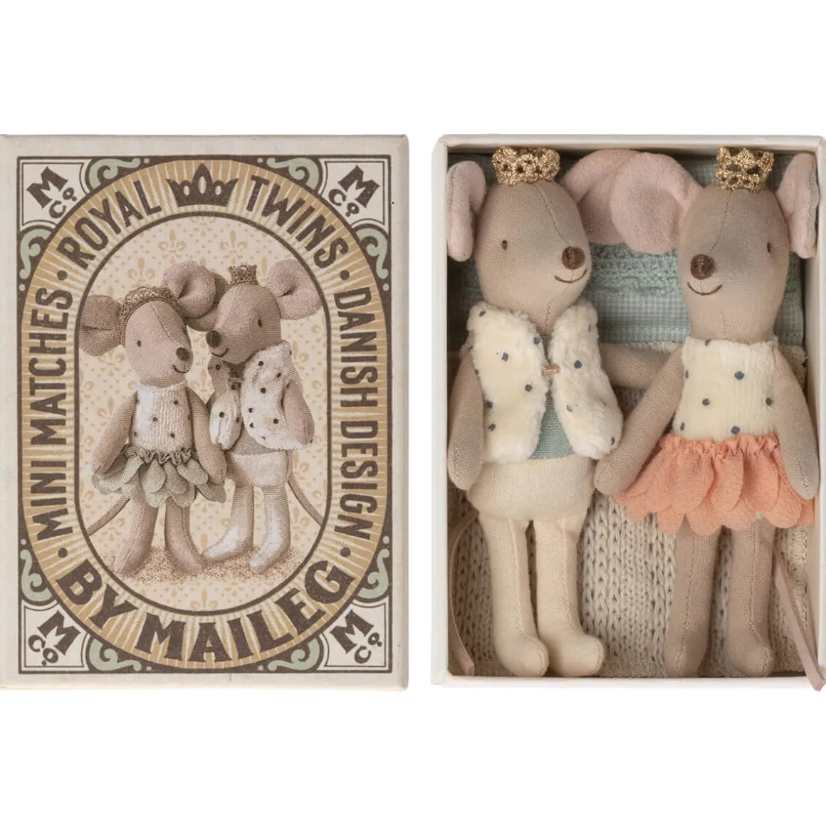 Royal Baby Mice Twins in a Matchbox (Coral Skirt) by Maileg