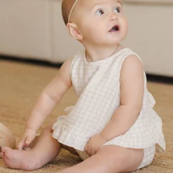 Ruffled Tulip Top + Bloomer Set in Oat Check by Quincy Mae