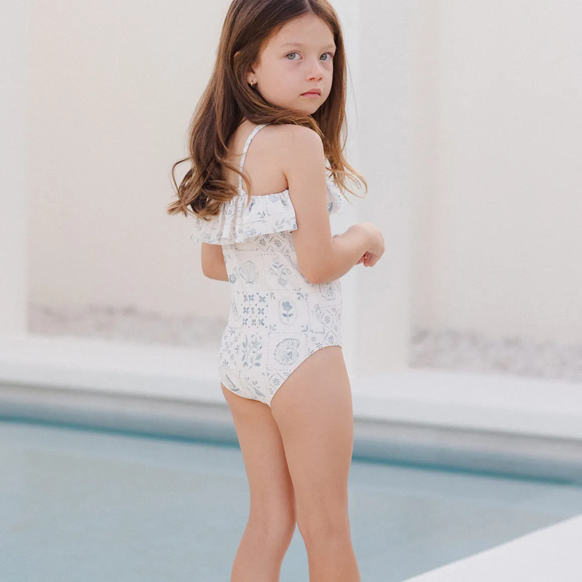 Ruffle One-Piece Swimsuit in Tile by Rylee & Cru