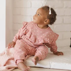Ruffle Sweatshirt in Lipstick Hearts by Quincy Mae