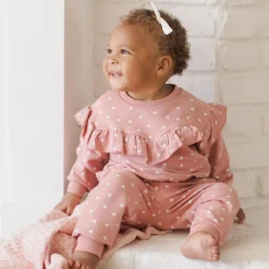 Ruffle Sweatshirt in Lipstick Hearts by Quincy Mae