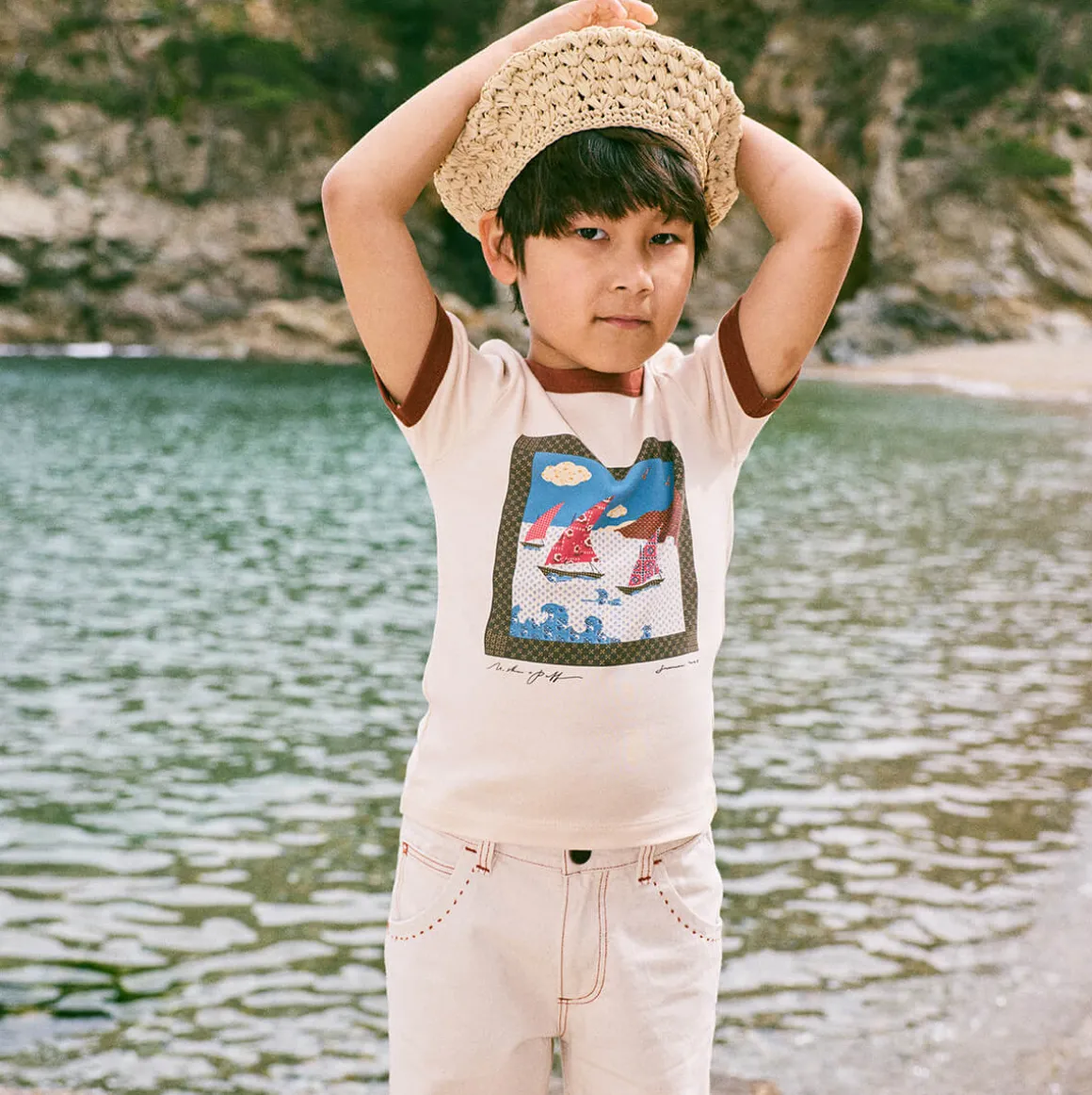 Sailboat Collage Ringer Tee in Bisque by Misha & Puff