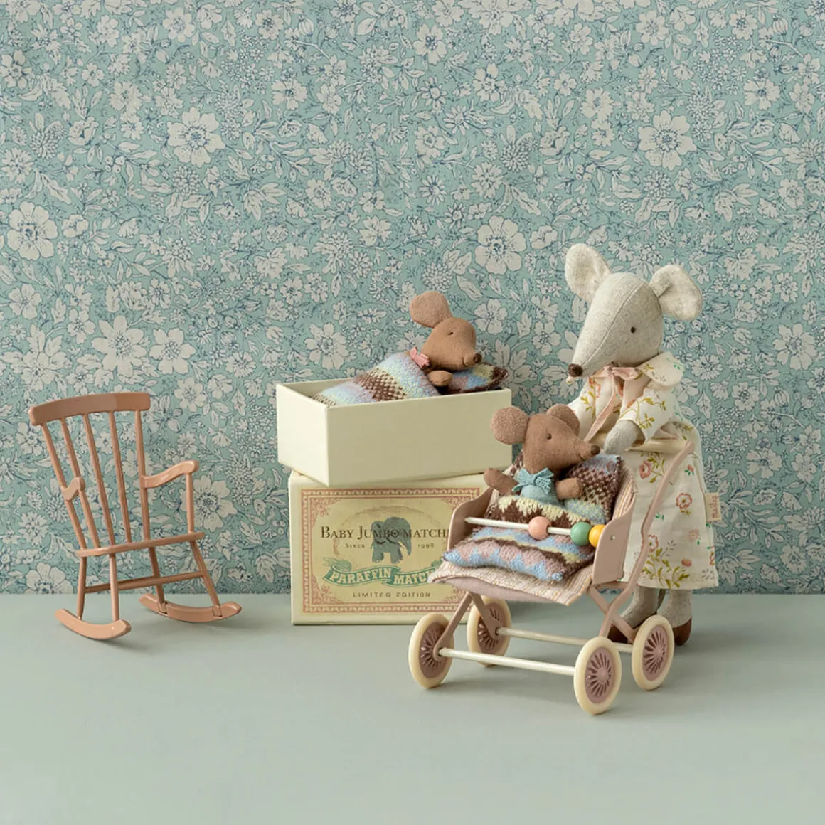 Sleepy / Wakey Baby Mouse In Matchbox in Rose by Maileg