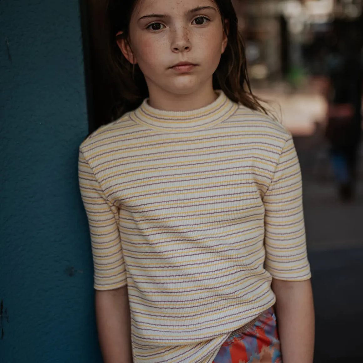 Slim Tee in Fine Buff Orchid Stripe by Repose AMS