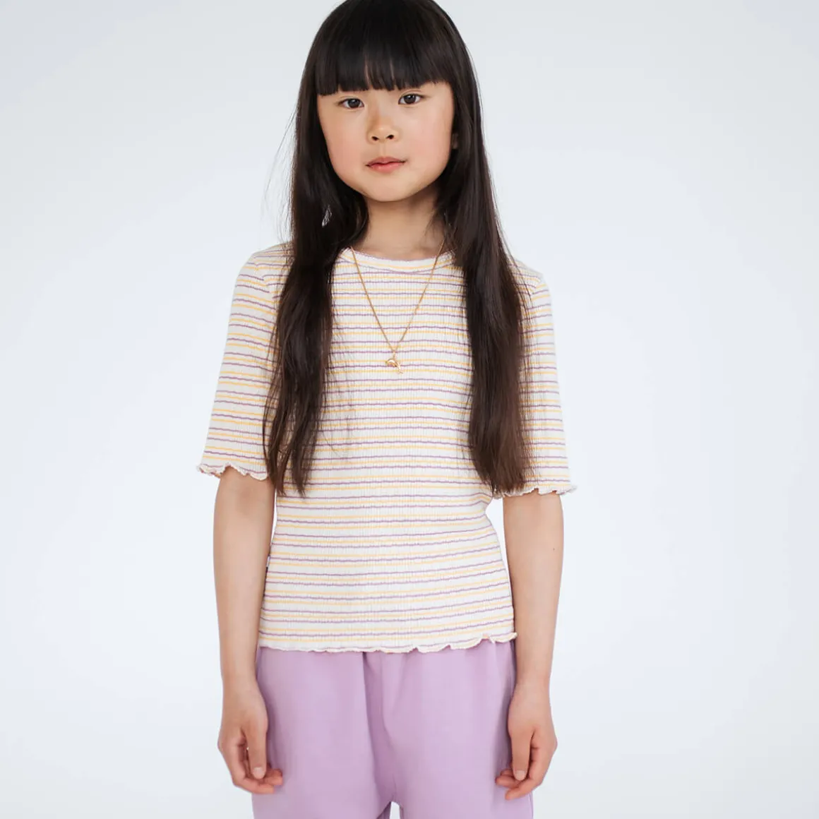 Slim Tee in Fine Buff Orchid Stripe by Repose AMS