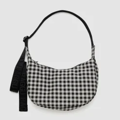 Small Nylon Crescent Bag in Black And White Gingham by Baggu