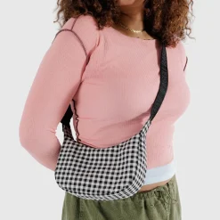 Small Nylon Crescent Bag in Black And White Gingham by Baggu