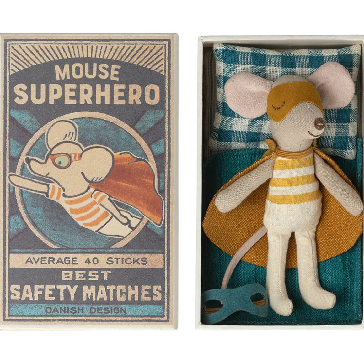 Super Hero Little Brother Mouse in a Matchbox (Teal Blanket) by Maileg