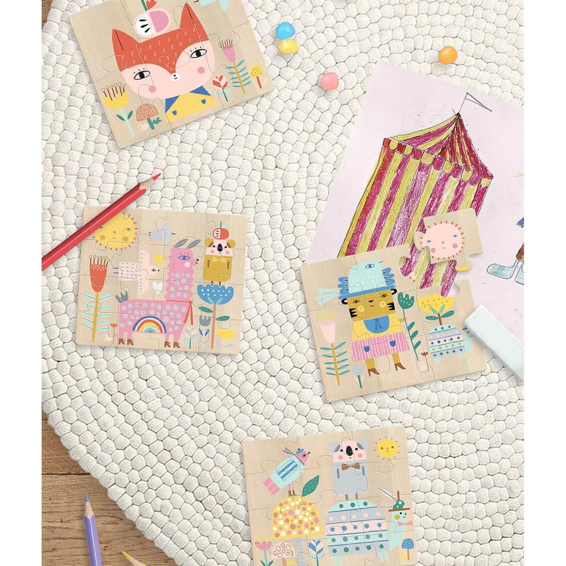 Suzy Ultman Evolutive Wooden Jigsaw Puzzles by Vilac (Set of 4)
