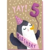 5th Birthday Penguin Greetings Card by Stormy Knight