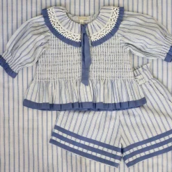 Tie Blouse in Blue Mattress Stripe by Bonjour - Last One In Stock - 8 Years