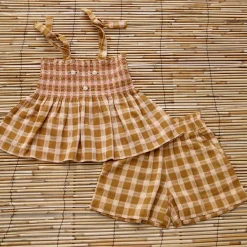 Top & Short Set in Caramel Honeycomb Check by Bonjour