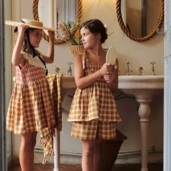 Top & Short Set in Caramel Honeycomb Check by Bonjour