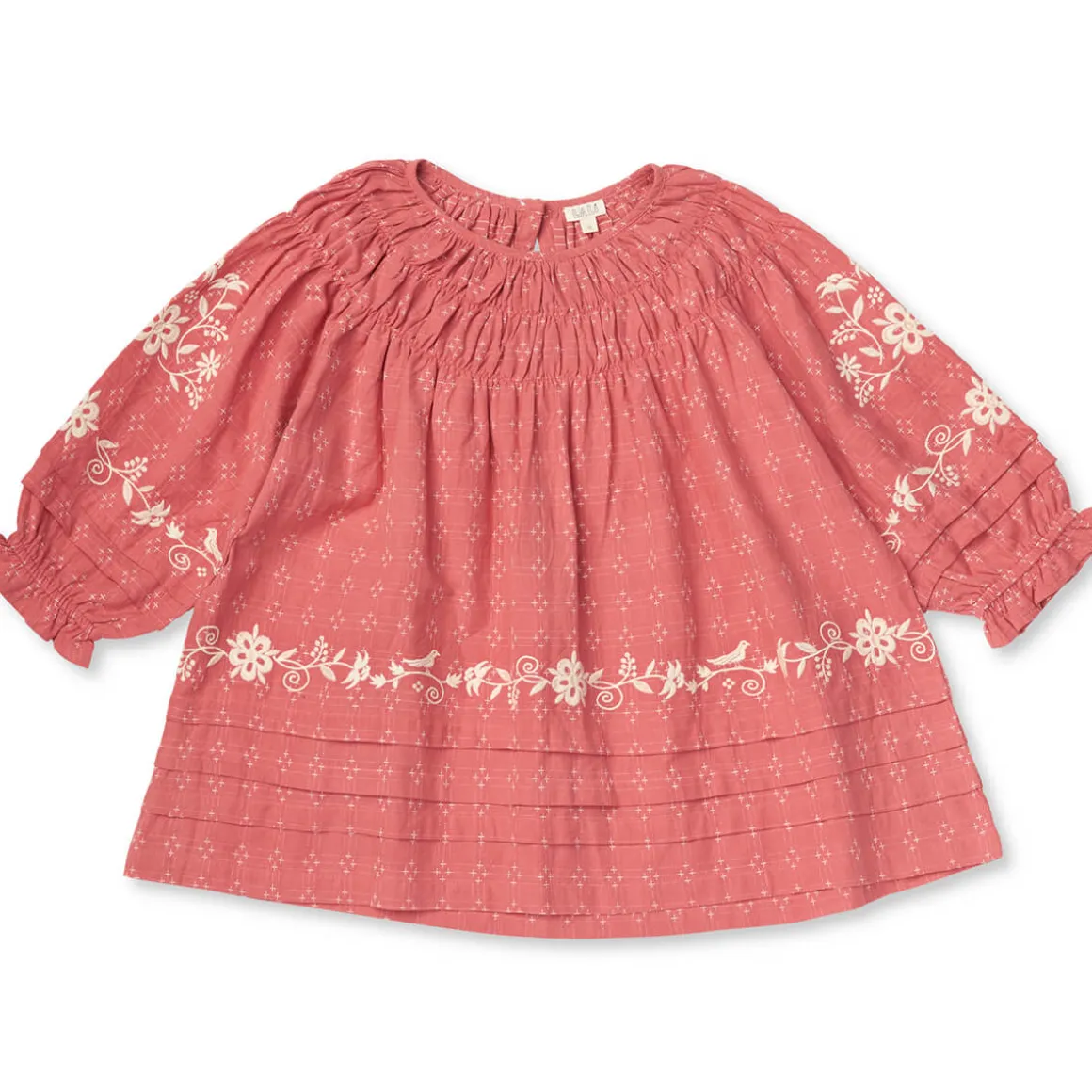 Tulip Pintuck Dress in Coral Cross Stitch by Lali