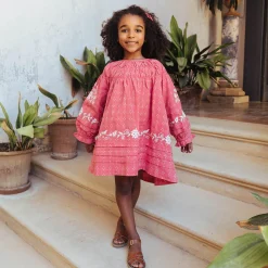 Tulip Pintuck Dress in Coral Cross Stitch by Lali