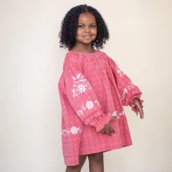 Tulip Pintuck Dress in Coral Cross Stitch by Lali