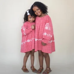 Tulip Pintuck Dress in Coral Cross Stitch by Lali