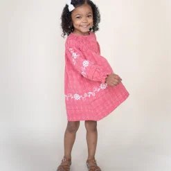 Tulip Pintuck Dress in Coral Cross Stitch by Lali