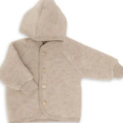 Wool Fleece Hooded Baby Jacket with Wooden Buttons in Sand Melange by Engel