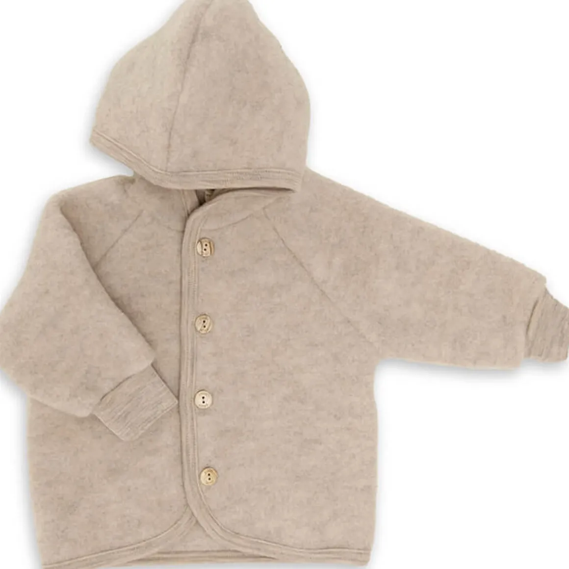 Wool Fleece Hooded Baby Jacket with Wooden Buttons in Sand Melange by Engel
