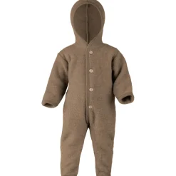 Wool Fleece Hooded Baby Overall with Buttons in Walnut Melange by Engel