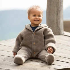 Wool Fleece Hooded Baby Overall with Buttons in Walnut Melange by Engel