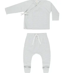 Wrap Top and Footed Pant Set in Sky Micro Stripe by Quincy Mae