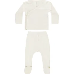 Wrap Top and Footed Pant Set in Ivory Pointelle by Quincy Mae