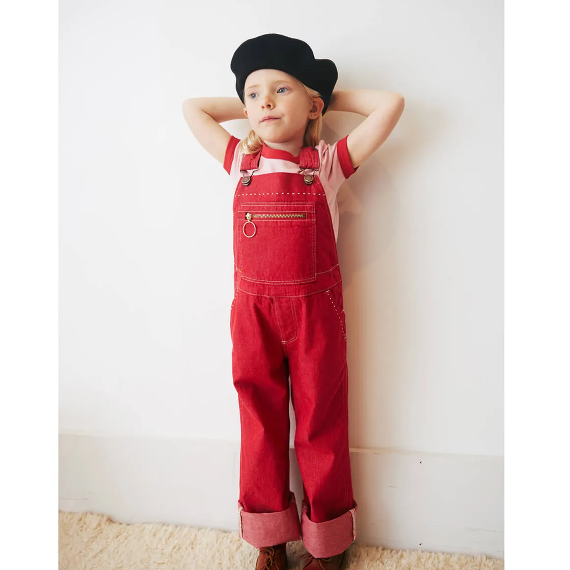 Zip Overall in Vintage Red Denim by Misha & Puff